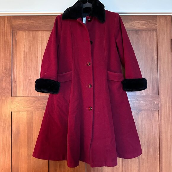 Erika Eriksson Wool Dress Coat Girls 10 Long Red Faux Fur Collar Cuff Pleat Back